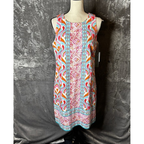 London Times Dress Size 10 White Aqua Sheath Sleeveless Lined Back Zip NEW - Picture 1 of 13